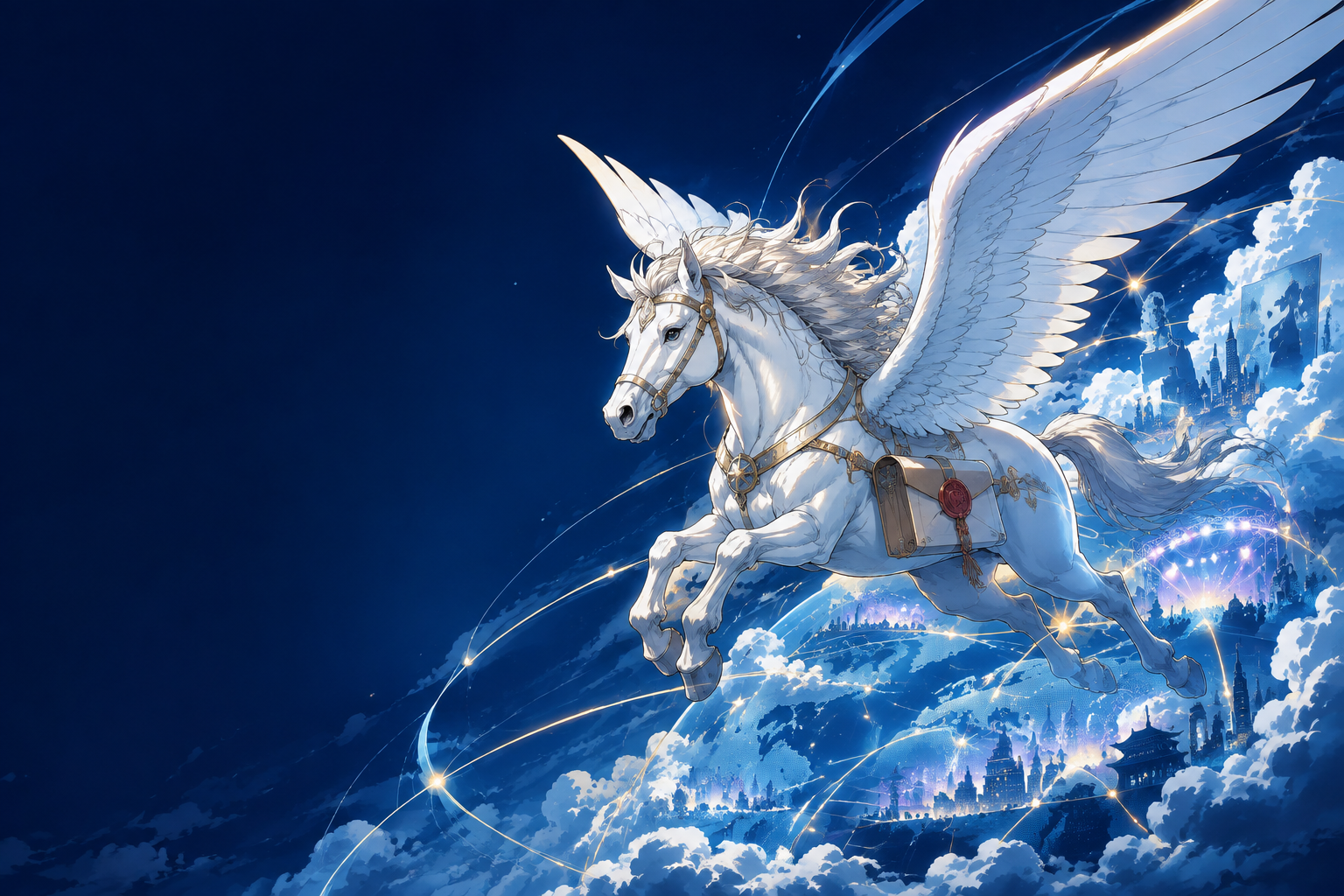 Comic-style winged Pegasus carrying a message through a connected creative world
