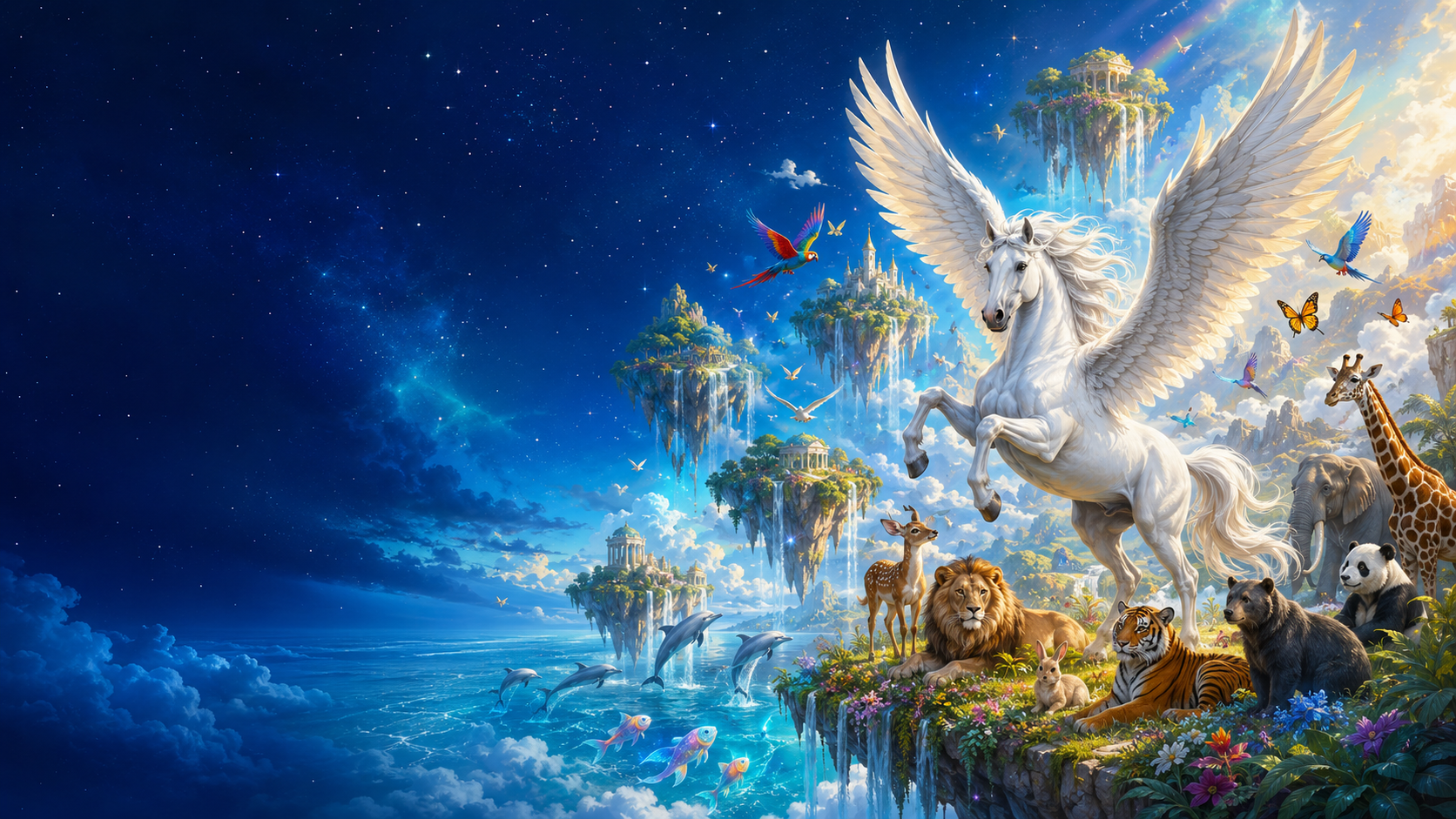 A cheerful white Pegasus with land animals, birds, and sea-life motifs gathered on the right side of a floating-island paradise