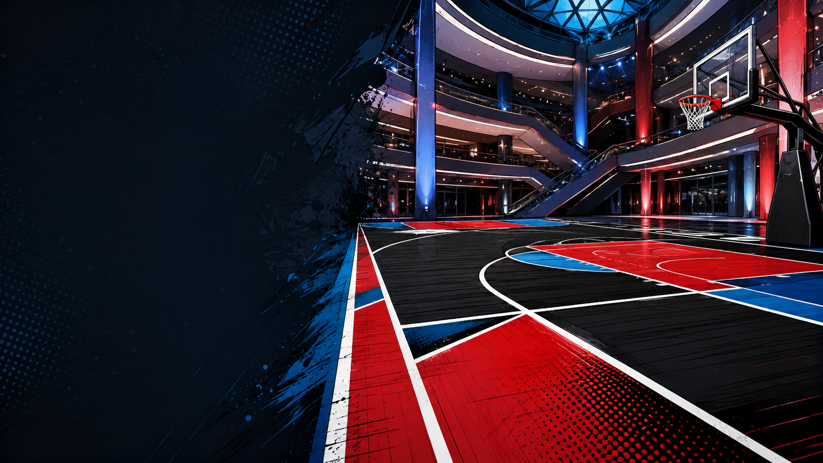 Original comic-style pop-up basketball court inside a contemporary mall atrium