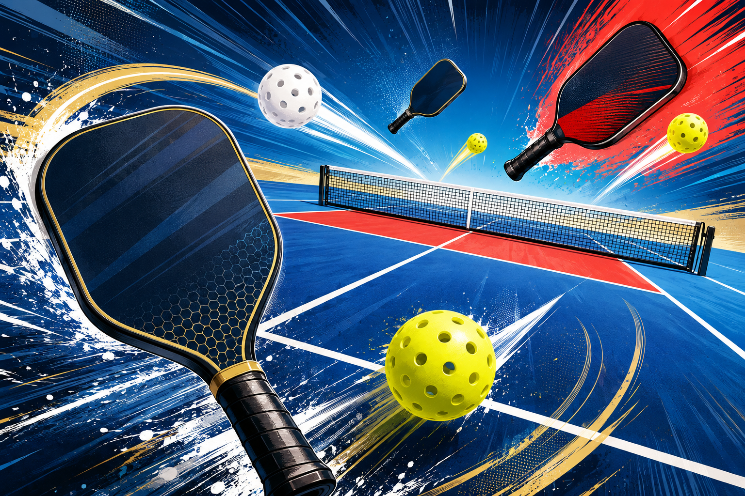 Comic-style pickleball court with paddles and balls