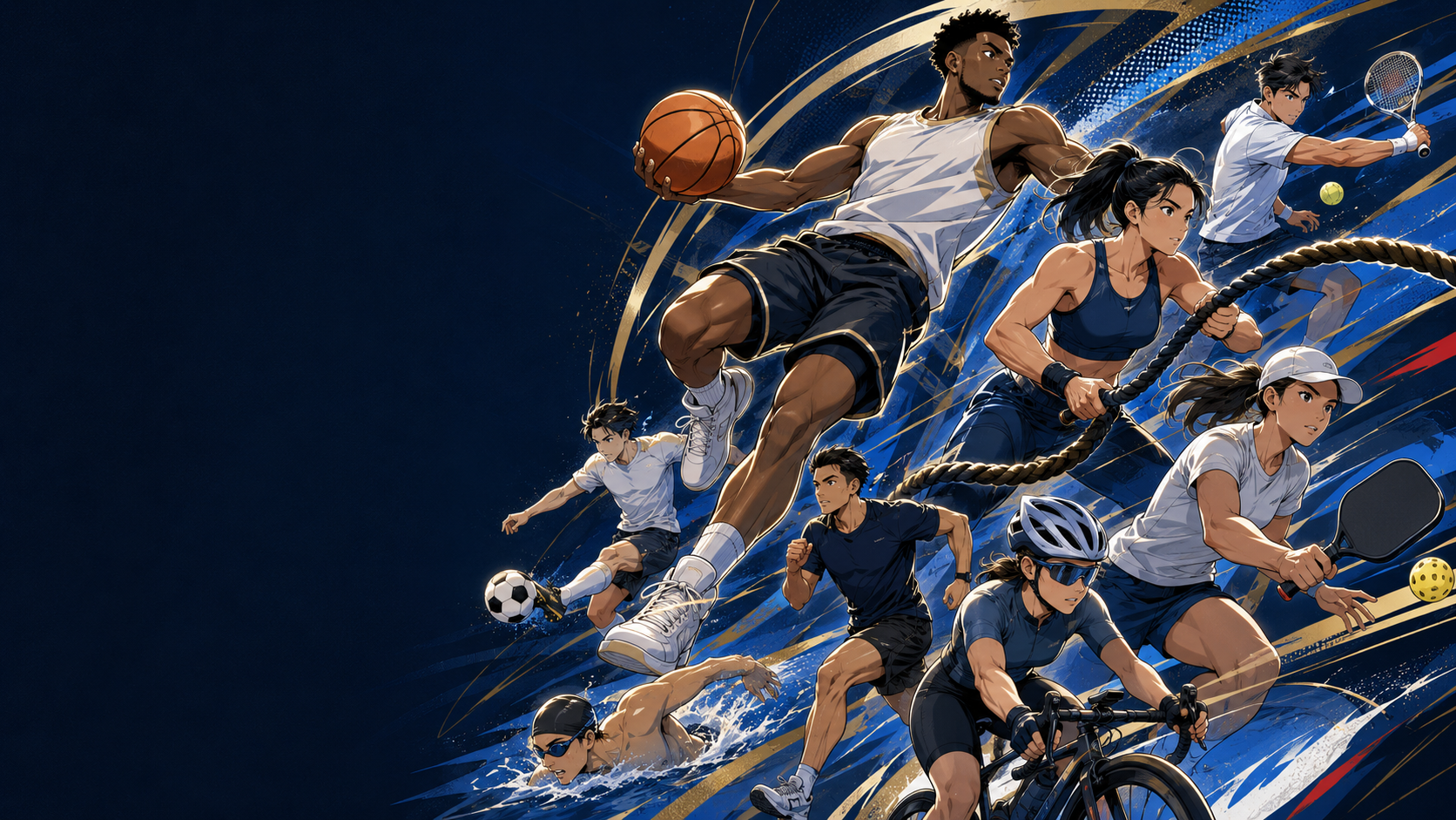 Illustrated athletes representing basketball, fitness, pickleball, soccer, tennis, running, swimming and cycling
